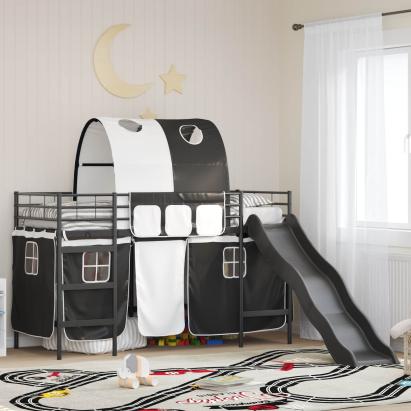 Pat loft pentru copii cu tobogan si perdele, negru, 90x190 cm