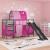 Pat loft pentru copii cu tobogan si cort, negru si roz, 75x190 cm