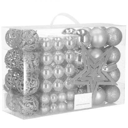 Set globuri si decoratiuni de Craciun, 100 piese, diverse dimensiuni cu stea, argintiu Household NewTrend