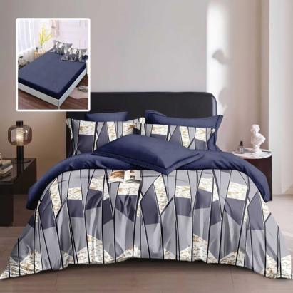 Lenjerie de pat finet 6 piese, cearceaf pat cu elastic, cearceaf pilota 200x230, 2 fete perna 50x70, 2 fete perna 70x70, Extra, Albastru geometric Relax KipRoom