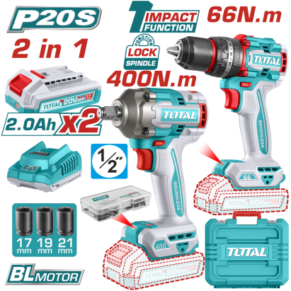TOTAL - SET SCULE ELECTRICE CU 2 UNELTE CU MOTOR FARA PERII – 20V (INCLUDE 2 ACUMULATOR SI INCARCATO PowerTool TopQuality