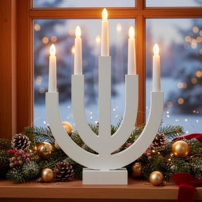 Decoratiune luminoasa tip sfesnic, din lemn, 39 cm, lumina calda, alimentare cu baterii, alb Household NewTrend