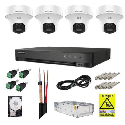 Sistem supraveghere Hikvision cu detectie om/vehicul, 4 camere rotative, 3K 5MP, Microfon, Difuzor, DVR, Accesorii incluse SafetyGuard Surveillance