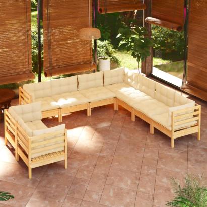 Set mobilier grădină cu perne crem, 9 piese, lemn masiv de pin GartenMobel Dekor