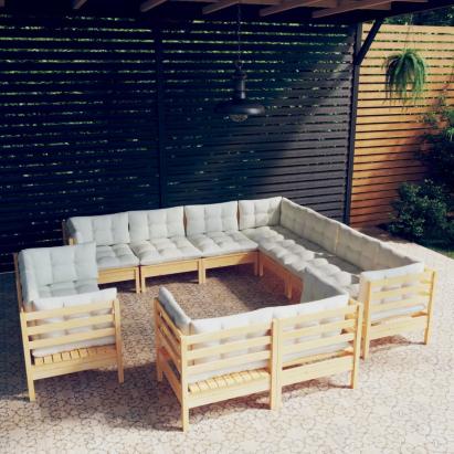 Set mobilier grădină cu perne crem, 11 piese, lemn masiv de pin GartenMobel Dekor