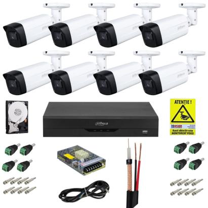 Sistem supraveghere Dahua cu functii inteligente, 8 camere 4K 8MP, lentila 3.6mm, IR 80m, DVR WizSense, Accesorii incluse SafetyGuard Surveillance
