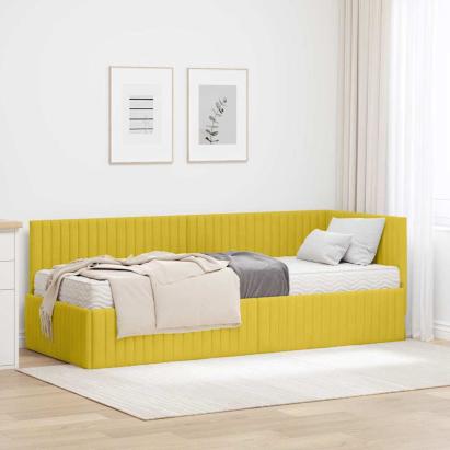Cadru de pat colțar cu saltea cu headboard 2 pcs Galben Catifea GartenMobel Dekor
