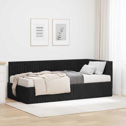 Cadru de pat colțar cu saltea cu headboard 2 pcs Negru Catifea GartenMobel Dekor