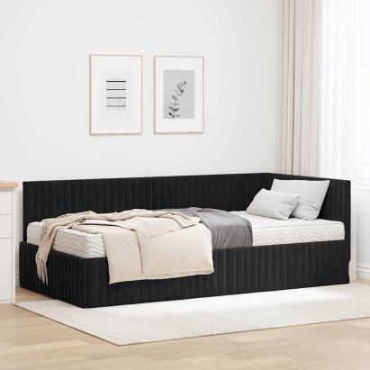 Cadru de pat colțar cu saltea cu headboard 2 pcs Negru Catifea GartenMobel Dekor