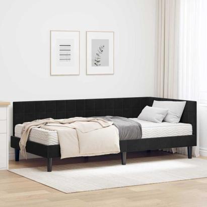 Cadru de pat colțar cu saltea cu headboard 2 pcs Negru Catifea GartenMobel Dekor