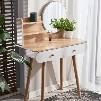 Masa de toaleta si machiaj Ravena, alb fag, cu 2 sertare, oglinda, 80x40x122 cm Household NewTrend