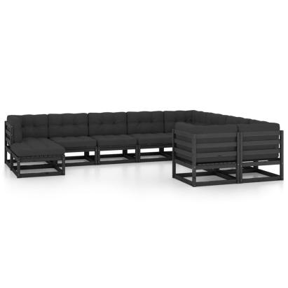 Set mobilier grădină cu perne, 10 piese, negru, lemn masiv pin GartenMobel Dekor