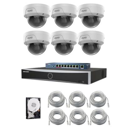 Sistem supraveghere IP Hikvision HiWatch, Functii inteligente, 6 camere 4MP, IR 30m, NVR 8 canale, AcuSense, Switch, Accesorii incluse SafetyGuard Surveillance