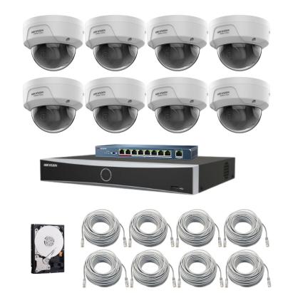 Sistem supraveghere IP Hikvision HiWatch, 8 camere, 4MP, PoE, IR 30m, NVR, Swicth PoE, Accesorii montaj SafetyGuard Surveillance