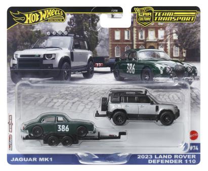 HOT WHEELS TRANSPORTATOR LAND ROVER DEFENDER 110 2023 CU MASINUTA JAGUAR MK1 SCARA 1 LA 64 SuperHeroes ToysZone