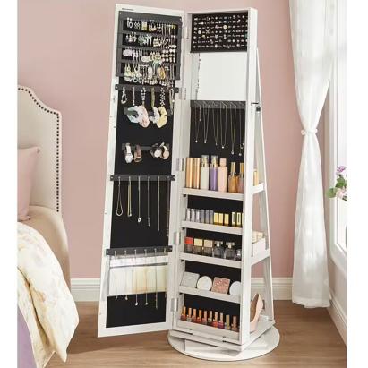 SONGMICS Oglinda de podea cu suport rotativ la 360°, cu spatiu de depozitare, 55x55x161cm, alb cenusiu Household NewTrend