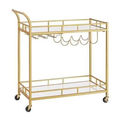 VASAGLE Carucior de servire pentru vin, suport sticle si pahare, cu 2 rafturi din sticla, 38x86x90cm, auriu Household NewTrend