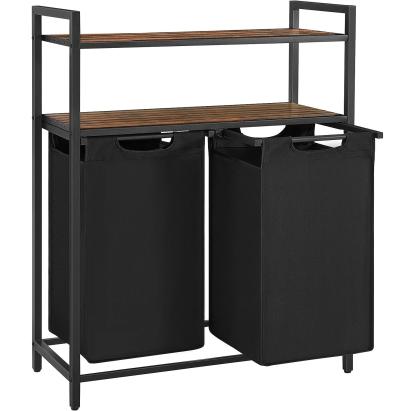 VASAGLE Cos de rufe, cu 2 saci detasabili, 2 rafturi, capacitate de 46L per sac, 73x33x72cm , maro rustic si negru Household NewTrend