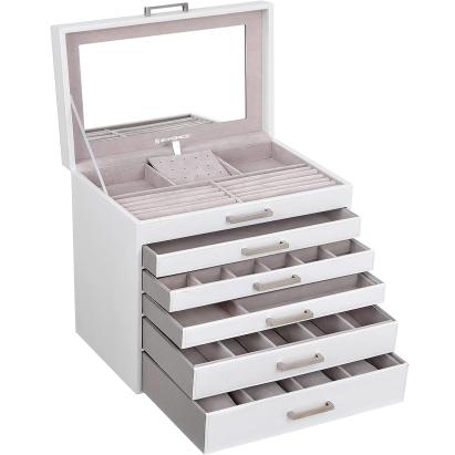 SONGMICS Cutie de bijuterii din MDF cu 6 nivele, 5 sertare, cu oglinda 31x32x22cm, alb Household NewTrend