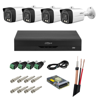Sistem supraveghere Dahua, Functii AI, 4 camere, 4K 8MP, Microfon, Smart Dual Light, DVR 4 canale, Accesorii montaj incluse, Vizualizare pe mobil SafetyGuard Surveillance