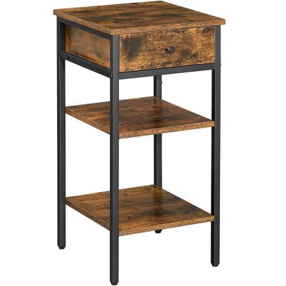 VASAGLE Noptiera inalta cu sertar si 2 rafturi de depozitare, stil industrial, 35x35x70cm, maro rustic si negru Household NewTrend