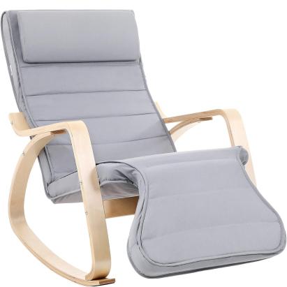 SONGMICS Scaun balansoar din lemn, suport picioare reglabil, maxim 150kg, 67x125x91cm, gri Household NewTrend