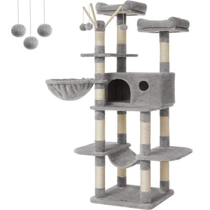 FEANDREA Ansamblu de joaca pentru pisici, tip copac, cu 3 culcusuri, hamac si ascunzatoare, 50x50x164cm, gri deschis Household NewTrend