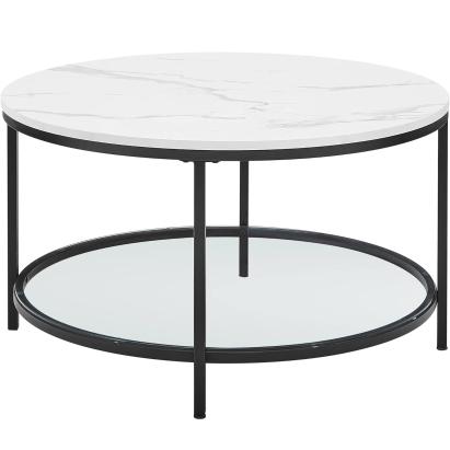 VASAGLE Masa de cafea rotunda cu blat din imitatie de marmura, polita suplimentara din sticla, 80x45cm, alb si negru Household NewTrend
