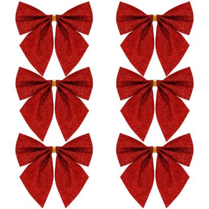 Set 6 ornamente pentru bradul de Craciun, fundita, 8cm, rosu cu sclipici Household NewTrend
