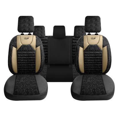 Set Huse Scaune Auto Panda Kas, material textil cu piele ecologica, cu fermoare pentru bancheta rabatabila, negru cu bej, 11 piese Automobile ProTravel