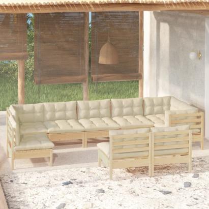 Set mobilier grădină cu perne crem, 9 piese, lemn masiv de pin GartenMobel Dekor