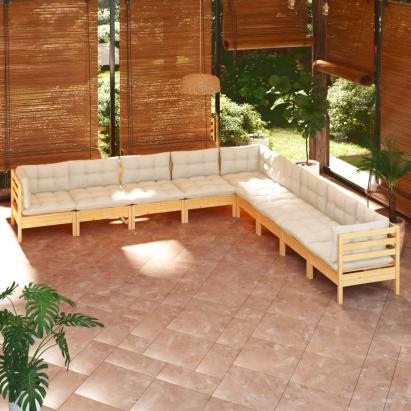 Set mobilier grădină cu perne crem, 9 piese, lemn masiv de pin GartenMobel Dekor
