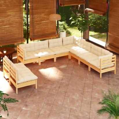Set mobilier grădină cu perne crem, 9 piese, lemn masiv de pin GartenMobel Dekor
