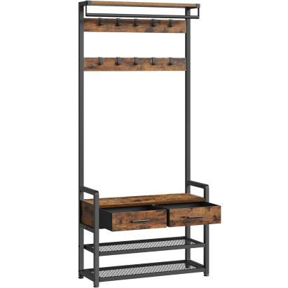 VASAGLE Cuier cu polite de depozitare pantofi si 2 sertare, cadru din otel, stil industrial, 30x80x182cm, maro rustic Household NewTrend