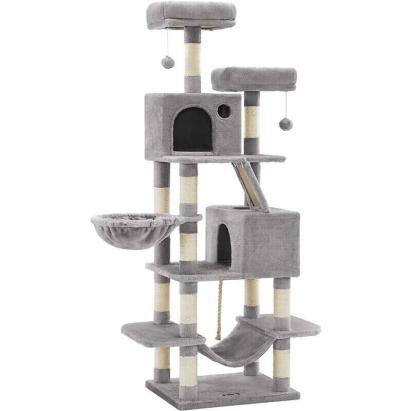 FEANDREA Ansamblu de joaca pentru pisici, tip copac, cu 3 culcusuri, hamac si 2 ascunzatoare, 55x45x168cm, gri deschis Household NewTrend