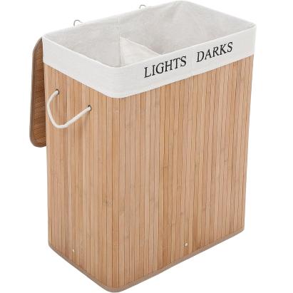 SONGMICS Cos de rufe din bambus cu capac, 2 compartimente, sac detasabil, volum 100L, 52x32x62cm, maro Household NewTrend