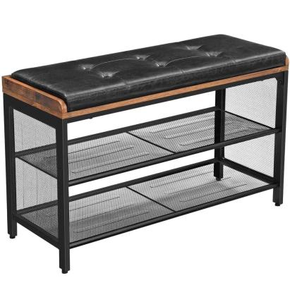 VASAGLE Banca pentru hol, cu raft suport de pantofi, sezut captusit imitatie piele, design industrial, 30x80x48cm, negru cu maro Household NewTrend