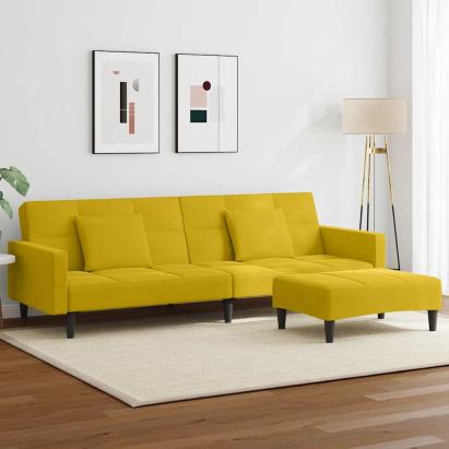 Canapea extensibilă cu taburet, 2 locuri, galben, catifea GartenMobel Dekor