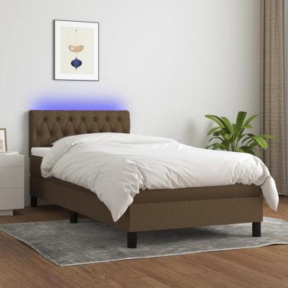 Pat cu arcuri, saltea și LED, maro închis, 90x190 cm, textil GartenMobel Dekor