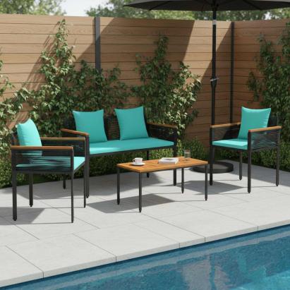 Set de Mobilier pentru Exterior 4 pcs Negru și Turcoaz Ratan PE GartenMobel Dekor
