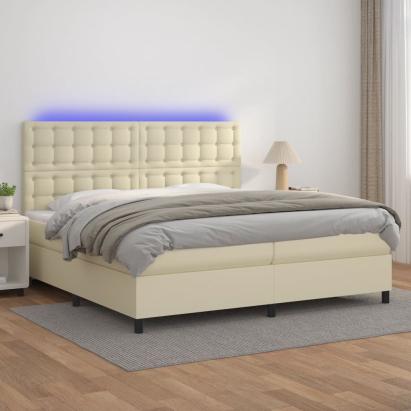 Pat cu arcuri, saltea și LED, crem, 200x200 cm, piele ecologică GartenMobel Dekor