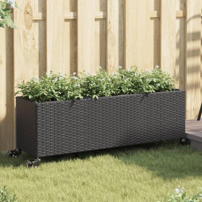 Jardinieră grădină roți/3 ghivece, negru 107x32x38 cm poliratan GartenMobel Dekor