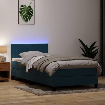 Pat cu arcuri cu saltea și LED, albastru închis, 80x210 cm, catifea GartenMobel Dekor