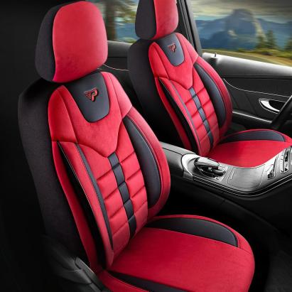 Set Huse Scaune Auto Panda Toronto, tip Alcantara, cu fermoare pentru bancheta rabatabila, rosu negru, 11 piese Automobile ProTravel