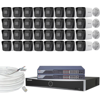Sistem supraveghere profesional Hikvision, 32 camere, 4MP, IR 30m, Switch PoE, NVR 32 canale, Accesorii montaj incluse, Functii inteligente SafetyGuard Surveillance