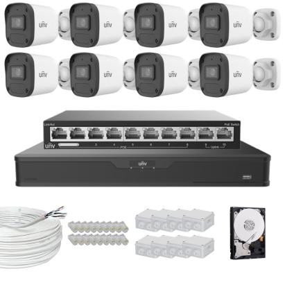 Sistem supraveghere profesional Uniview, 8 camere, 4MP 2K, IR 30m, Microfon, NVR 16 canale, Accesorii montaj incluse, HDD 2TB,  Switch PoE SafetyGuard Surveillance