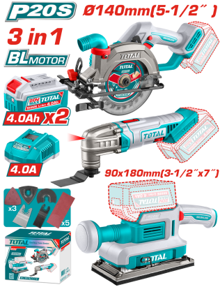 TOTAL - KIT COMBO 20V - FIERASTRAU CIRCULAR, UNEALTA MULTIFUNCTIONALA, SLEFUITOR (INCLUDE 2 ACUMULAT PowerTool TopQuality