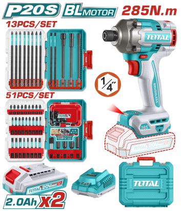 TOTAL - MASINA DE INSURUBAT CU IMPACT CU ACUMULATOR - 20V - 2.0AH - LI-ION (2 ACUMULATORI) - 6.35MM PowerTool TopQuality