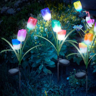 Set 2 buc Lampa Solara LED tip Floare Lalele Alb/Roz pentru Gradina, RGB Multicolor, Lumina in Culori Alternante, Inaltime 70cm