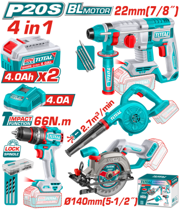 TOTAL - KIT COMBO 20V - MASINA DE GAURIT, CIOCAN ROTOPERCUTOR, FIERASTRAU CIRCULAR, SUFLANTA (INCLUD PowerTool TopQuality